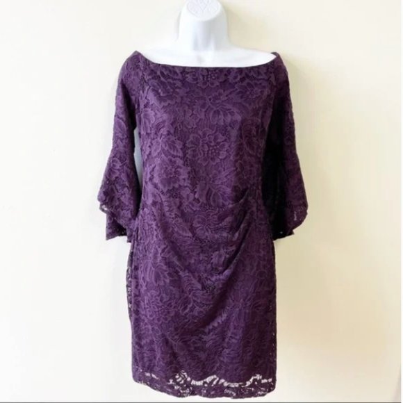 Lauren Ralph Lauren Purple Lace Off-the-Shoulder Trumpet Sleeve Dress Size 16 - Picture 2 of 6